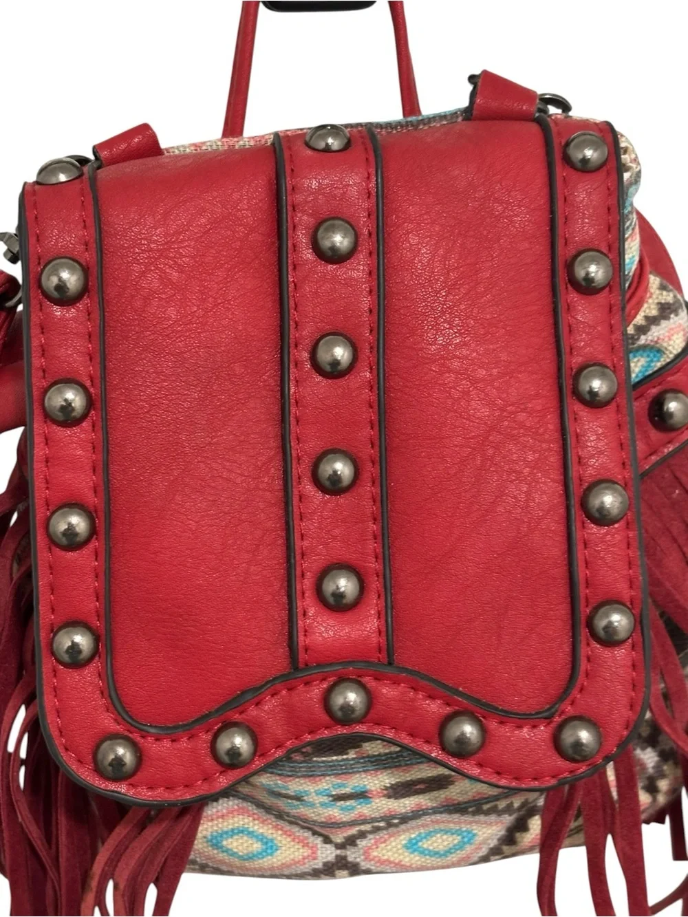 Boho Fringe Studded Hobo Bag in Red - Women's Crossbody Hobo